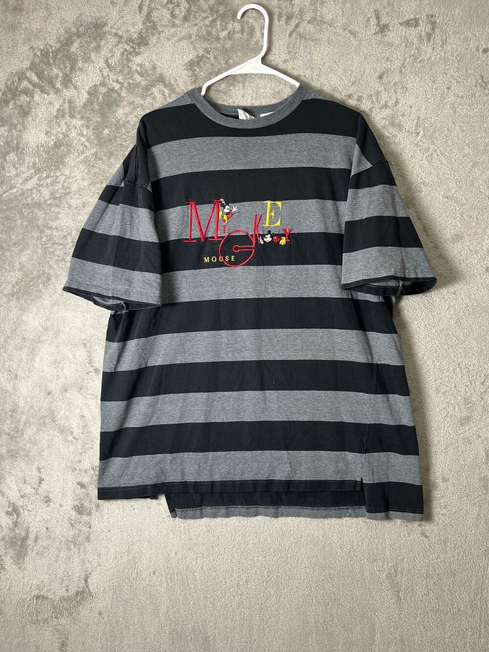 Vintage Mickey Mouse Striped T-Shirt Gray Black Embroidered Disney Tee Size XL
